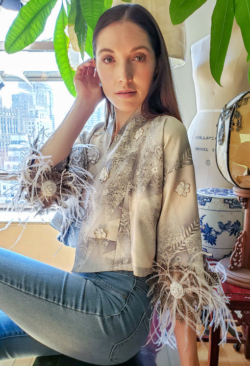 Cropped Grey Kimono with Ostrich Feather Trim